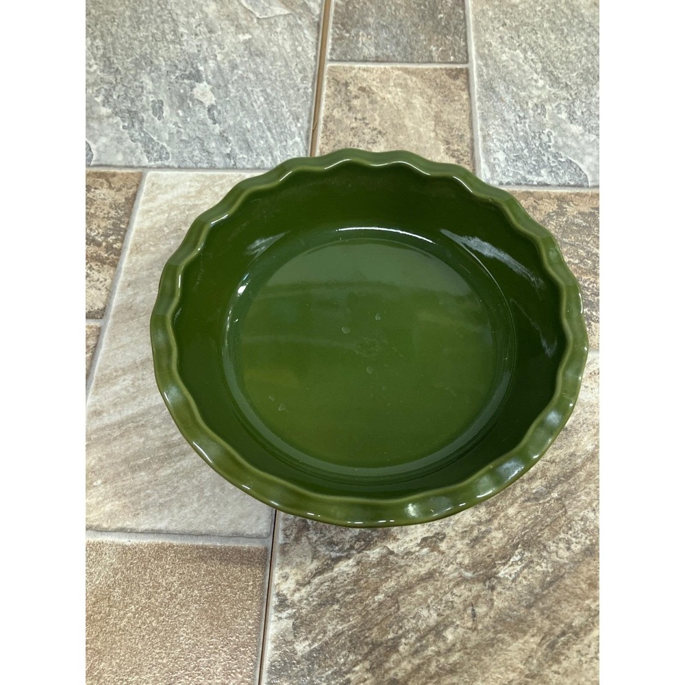 Emile Henry France Olive Green Scalloped Ruffled Ceramic Pie Dish 10 inch 61.31